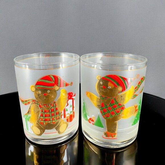 Culver Gold Bear Frosted Christmas Tumbler Glasses Set 2 Vintage Barware Glass - Picture 1 of 11